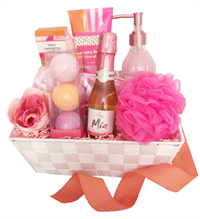 Peony Rose bubble bath, body lotion, bath bombs, eye mask, sponge and Mia Moscato